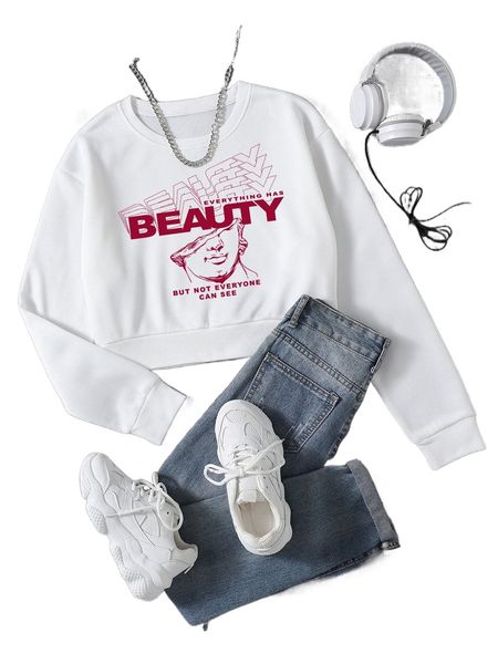 

letter graphic thermal lined crop sweatshirt u9rm#, Black