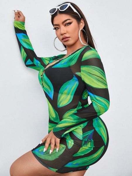 

plus plant print o-ring cut out mesh bodycon dress x7bl#, Black