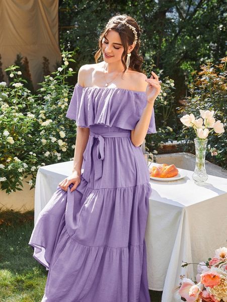 

off shoulder belted ruffle hem dress b9b0#, Black;gray