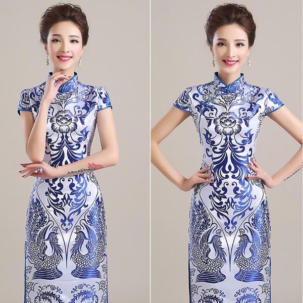 Vestido étnico vestido de noite chinês cheongsam feminino azul e branco padrão de porcelana retro qipao tradicional eleganti slim longethni