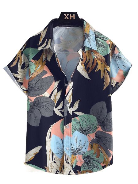 

men tropical print button up shirt r36c#, White;black