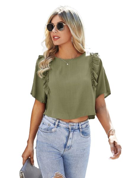 

ruffle trim dolman sleeve blouse d0kr#, White