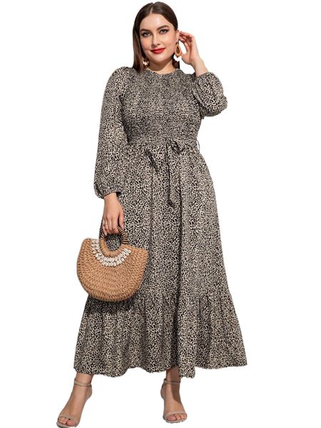 

plus leopard print shirred lantern sleeve ruffle hem belted dress b4ii#, Black