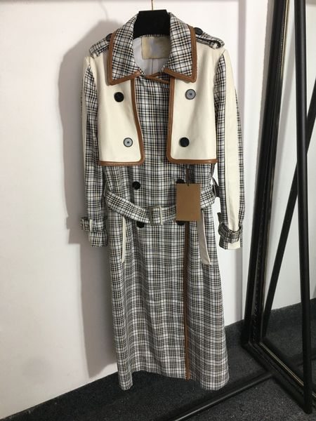 

2022 european fashion brand new sheep leather splicing lattice long coat, Tan;black