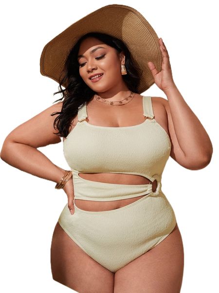 

plus plain cut-out ring linked one piece swimsuit x6td#, White;black