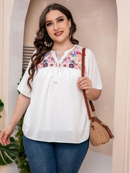 

plus geo embroidered tie neck blouse t5wo#, Black