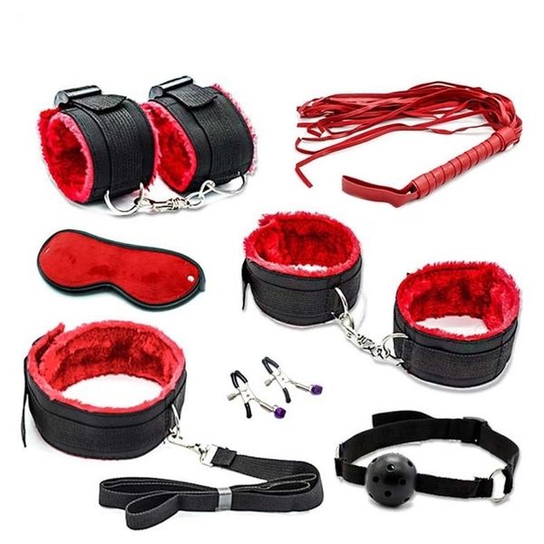 Nuovo sexyy 7 pezzi / set kit fetish bondage giocattoli per coppie, morsetti per capezzoli piede manette palla bavaglio frusta collare maschera per gli occhi articoli di bellezza