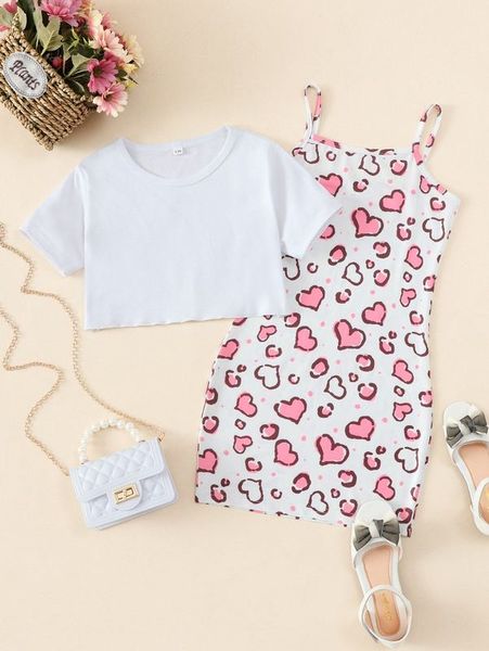 

girls knot hem tee & heart print cami dress she, White