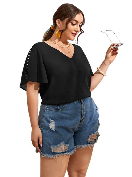 

plus pearls beaded split sleeve blouse 18sx#, Black