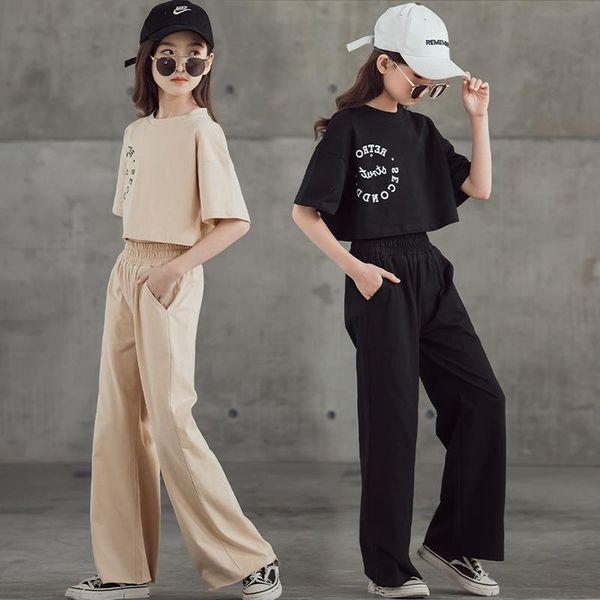 

clothes for girls summer sets casual letter t-shirt high waist wide leg pants 2pcs kids tracksuit black teens, White