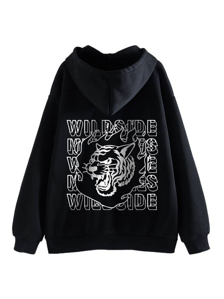 

tiger & letter graphic kangaroo pocket drawstring thermal hoodie t7s2#, Black