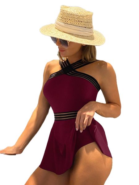 

contrast mesh one piece swimsuit 73tt#, White;black