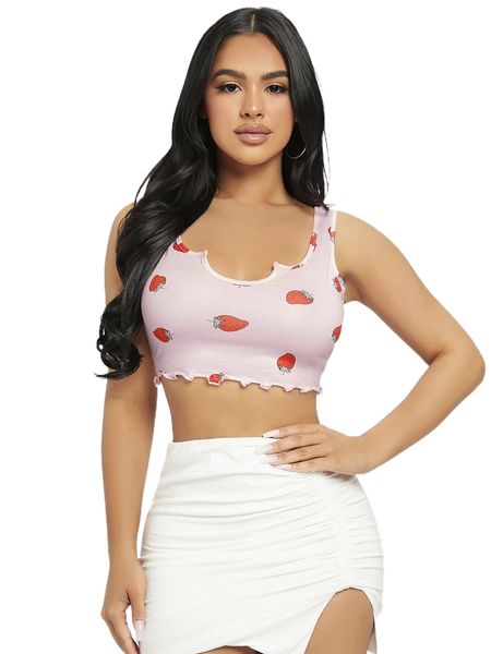 

petite strawberry print notched neck lettuce trim tank o641#, White