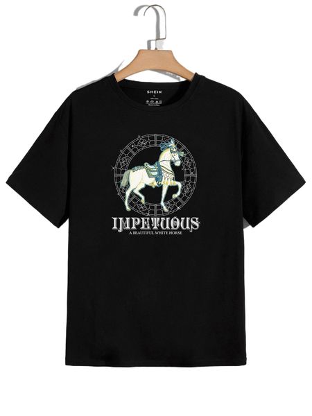 

men horse & slogan print tee b0ar#, White;black