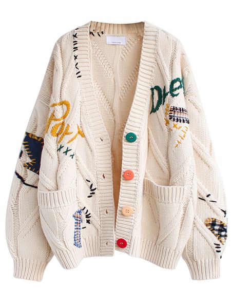 

2022 autumn winter women cardigan warm knitted sweater jacket pocket embroidery fashion knit cardigans coat lady loose top, White;black