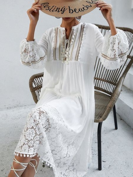 

contrast lace tassel trim lantern sleeve dress a3ic#, Black;gray