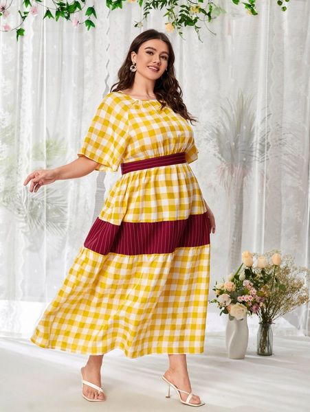 

plus gingham and striped print flutter sleeve dress 39na#, Black