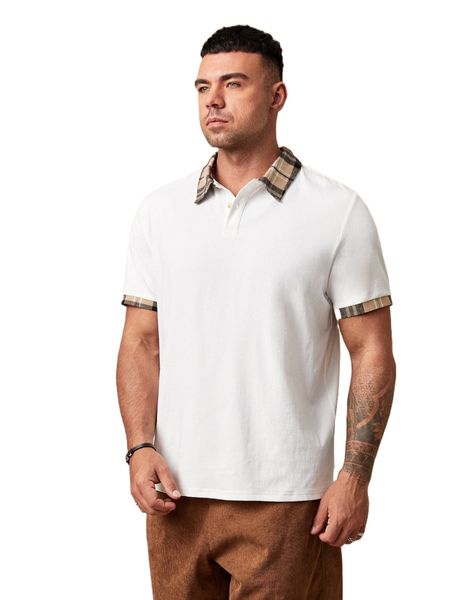 

extended sizes men plaid trim polo shirt y71r#, White;black