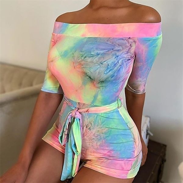 

bkld rompers womens jumpuit summer new bodycon romper shorts off the shoulder jumpsuit tye dye romper party clubwear y200904, Black;white