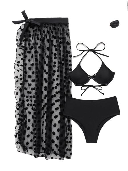 

3pack dobby mesh tie back push up high waist bikini swimsuit h4aq#, White;black