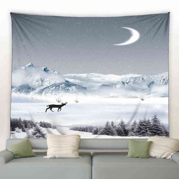 Tapestry Winter Landscape Print Tapestry Elks Moon Light Floresta Parede da floresta pendurada