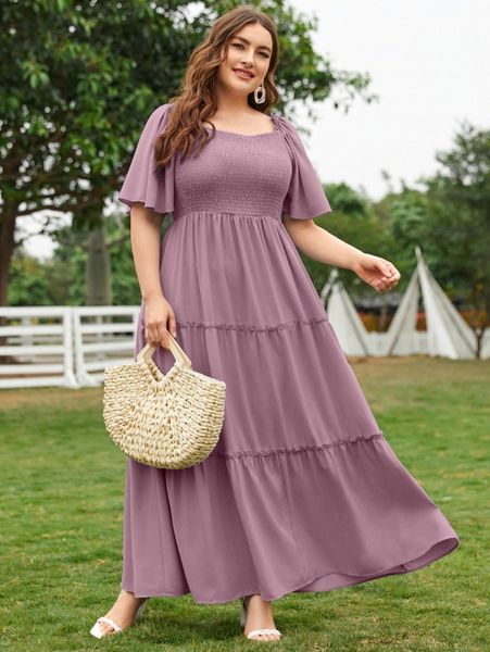 

plus 1pc butterfly sleeve shirred maxi dress j8up#, Black