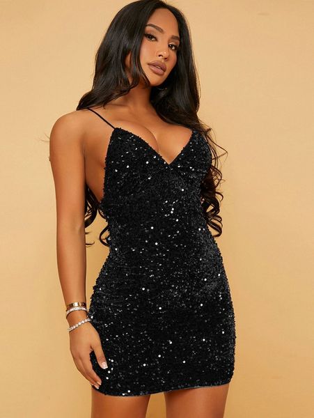 

club open back sequin slip dress k2pz#, Black;gray