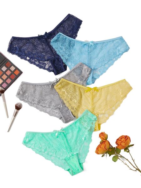 

plus 5pack bow decor lace panty d3ju#, Black;white