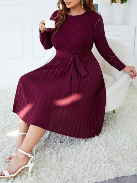 

plus contrast lace pleated hem belted dress x4o6#, Black