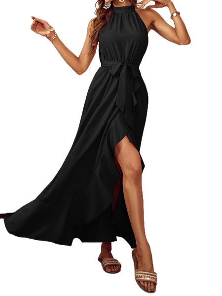 

halter neck ruffle asymmetrical hem belted dress a3xs#, Black;gray
