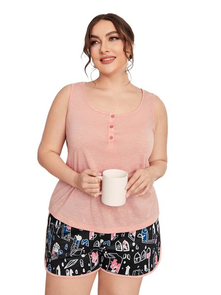 

plus quarter button tank & graphic print shorts pj set a2wg#, Black;white