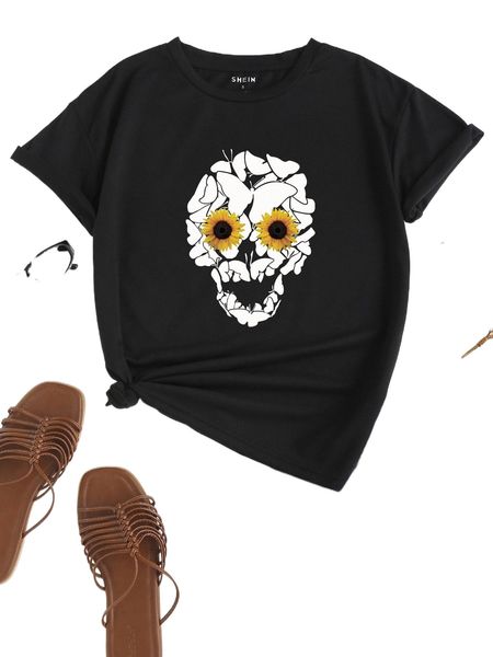

sunflower and skull print tee l0nh#, White