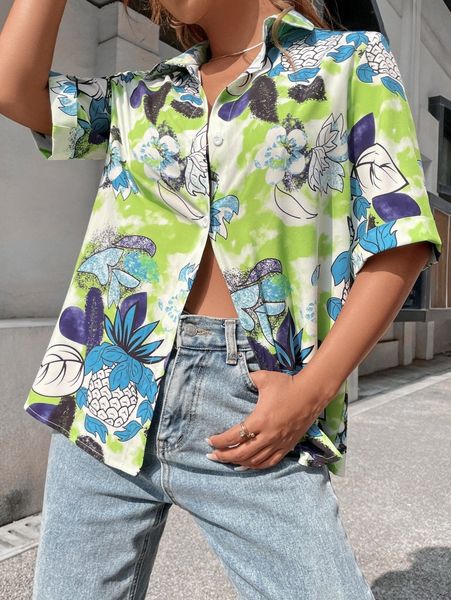 

pineapple & tie dye print longline blouse d5da#, White