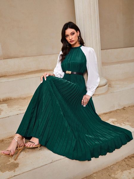 

contrast raglan sleeve belted dress k4t3#, Black;gray