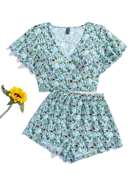 

x kathleen illustrates allover floral print wrap ruffle & shorts set a3aa#, White