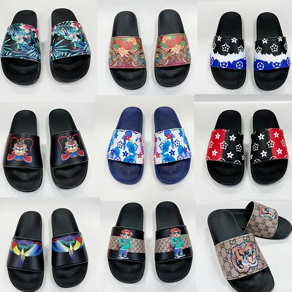 

slippers designer men women slides with correct flower luxury brand shoes snake print slide leather rubber sandals summer flat slipper 36-45, Black
