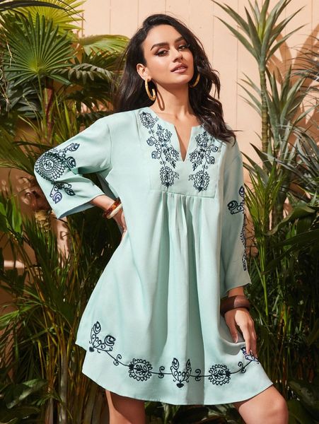 

floral embroidered notched neck drop shoulder tunic dress e5nm#, Black;gray