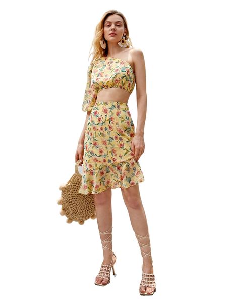

floral print one shoulder crop chiffon & ruffle asymmetrical hem skirt h8wb#, White
