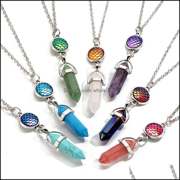 Colares pendentes pingentes jóias prisma hexagonal cristal rosa quartzo roxo stone natal chakra peixe escala druz dhitd