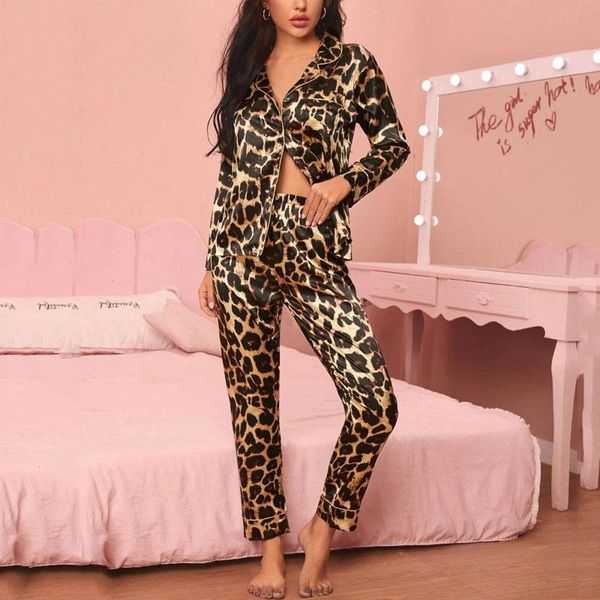 

spring satin pajamas women sleepwear print leopard set home suits female loungewear lounge wear pjs nightwear, Black;red
