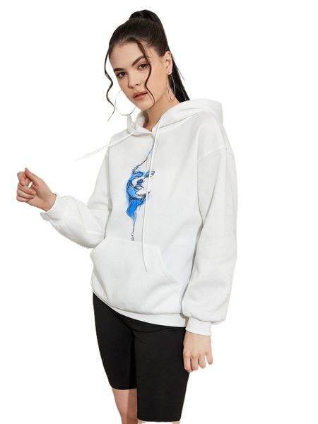 

x seda coskun figure graphic drawstring kangaroo pocket drop shoulder hoodie 49fk#, Black