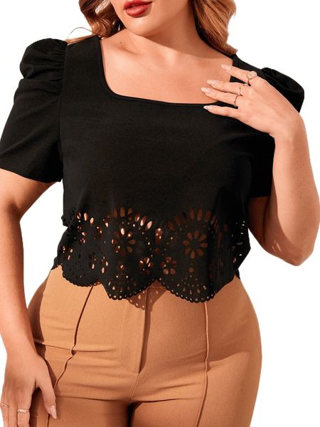 

plus cut out scallop trim puff sleeve square neck tee p1ab#, Black