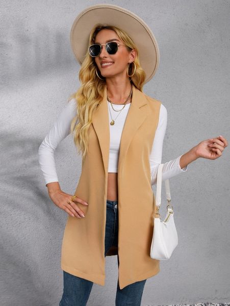 

solid lapel collar open front vest blazer y8bx#, White