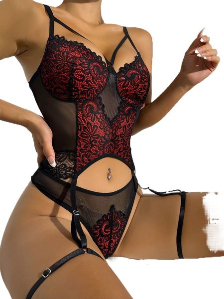

contrast lace mesh insert cut out garter lingerie set u9rm#, Black;red