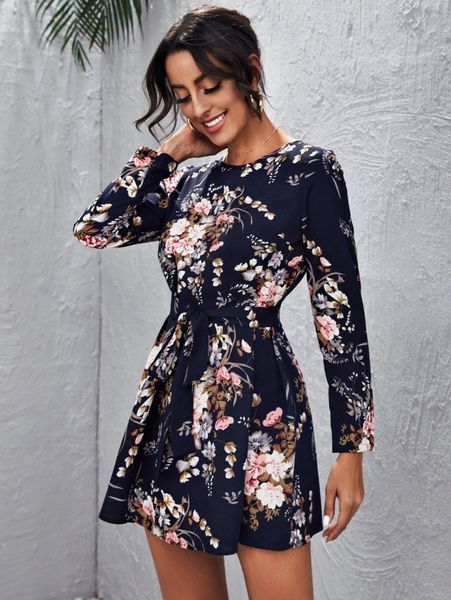 

self belted floral dress 70g2#, Black;gray