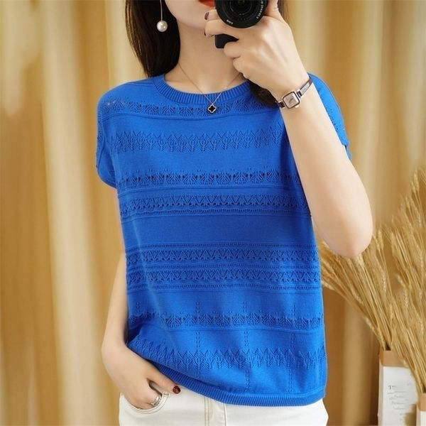 

pure cotton t-shirt women summer round neck pullover pure color knitwear plus size casual sweater short sleeve tees 220402, White