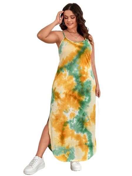 

plus curved split hem tie dye cami dress z8fp#, Black
