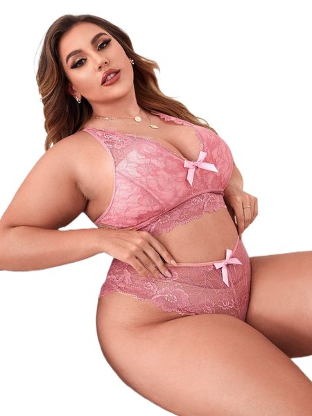 

plus bow front crisscross lace lingerie set r6lg#, Black;white