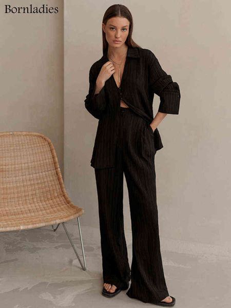 

bornladies retro pleated 2 piece set women long sleeve v-neck loose shirt high waist slightly wide-leg pants 2022 lapel suit t220729, Gray