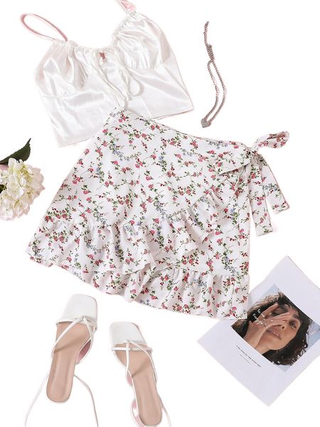 

ditsy floral print ruffle wrap tie side skirt n5fv#, Black